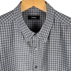 Theory Coppola Dibbs Gingham Linen Short Sleeve Shirt Mens L Grey Button Down